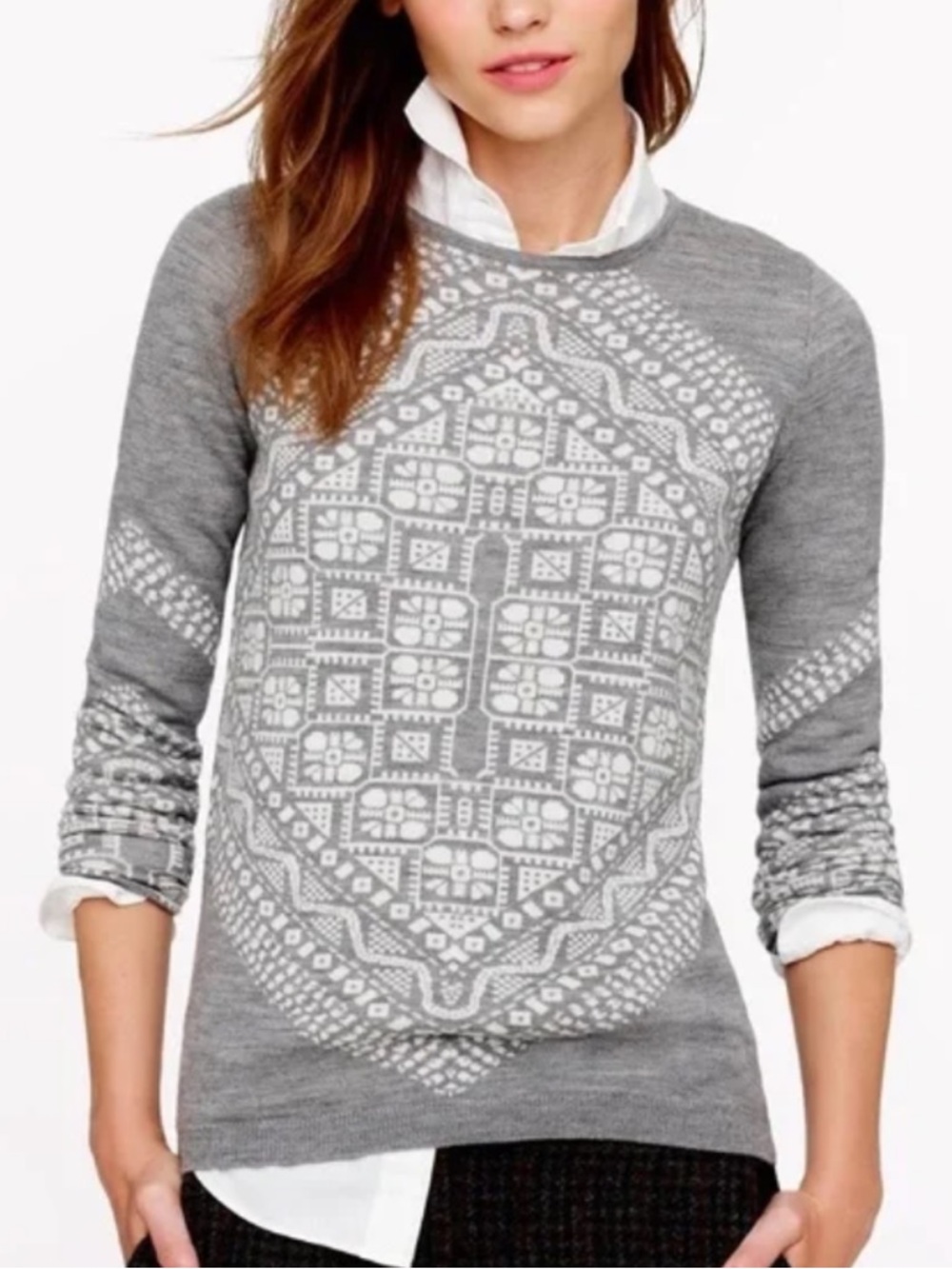 J.Crew Women’s Merino Wool
Sweater Pullover Fair Isle
Gray White Size S.